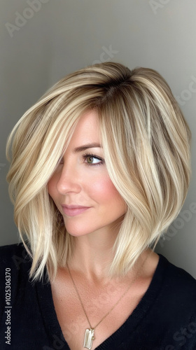 Blonde bob hairstyle with sleek layers, styled elegantly with a center parting.