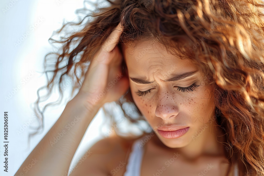 Woman Contemplating in Pain with a Headache at Home Woman Contemplating in Pain with a Headache at Home