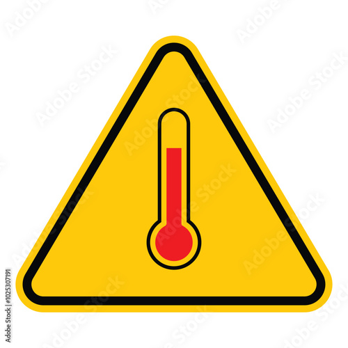High temperature warning icon sign. Vector illustration of yellow triangle sign with caution high temperature, thermometer. Very hot and scorching. Board warning sign label, logo or packaging industry