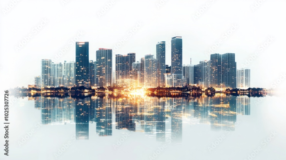 Naklejka premium illuminated buildings reflecting in the water generative ai