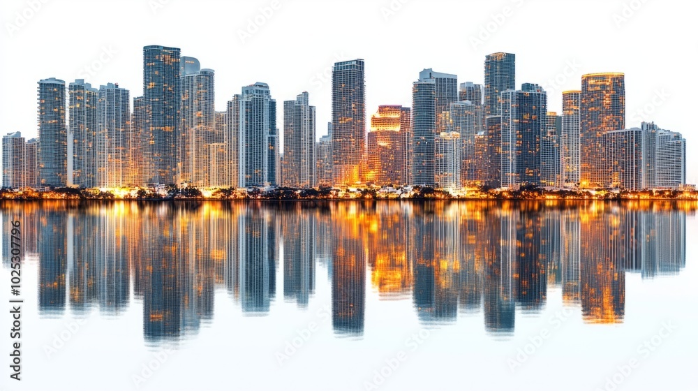 Fototapeta premium illuminated buildings reflecting in the water generative ai