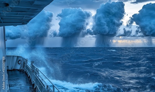 Dramatic storm brewing over the ocean with towering waterspouts seen from a ship\'s deck during turbulent weather photo