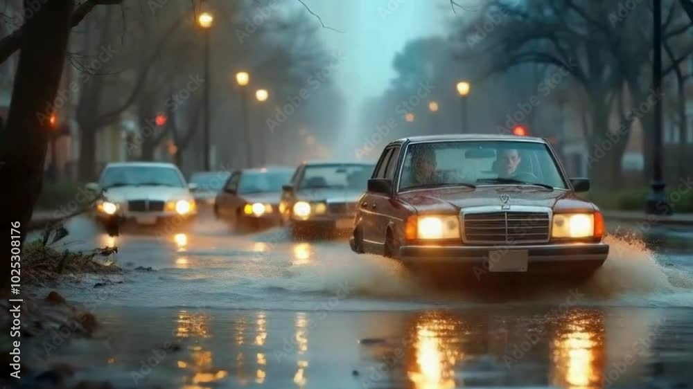 After a terrible storm, cars are having difficulty navigating a flooded downtown street. After a terrible storm, cars are having difficulty navigating a flooded downtown street.
