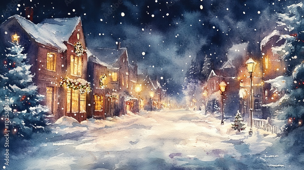 Fototapeta premium Peaceful Watercolor Christmas Scene in Snow