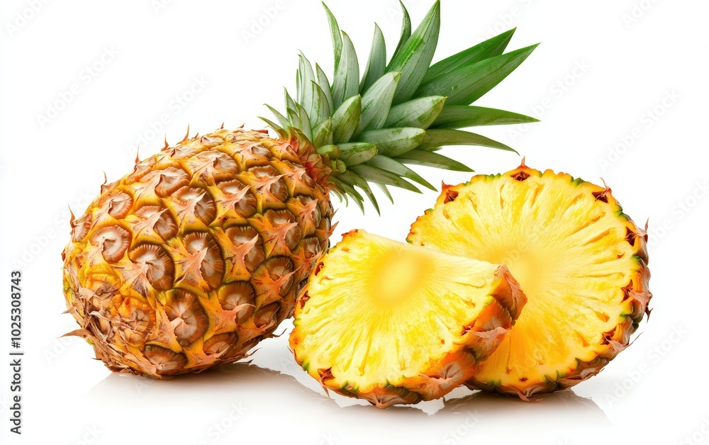 A high-resolution image of a perfectly ripe pineapple isolated on a pure white background. A high-resolution image of a perfectly ripe pineapple isolated on a pure white background.