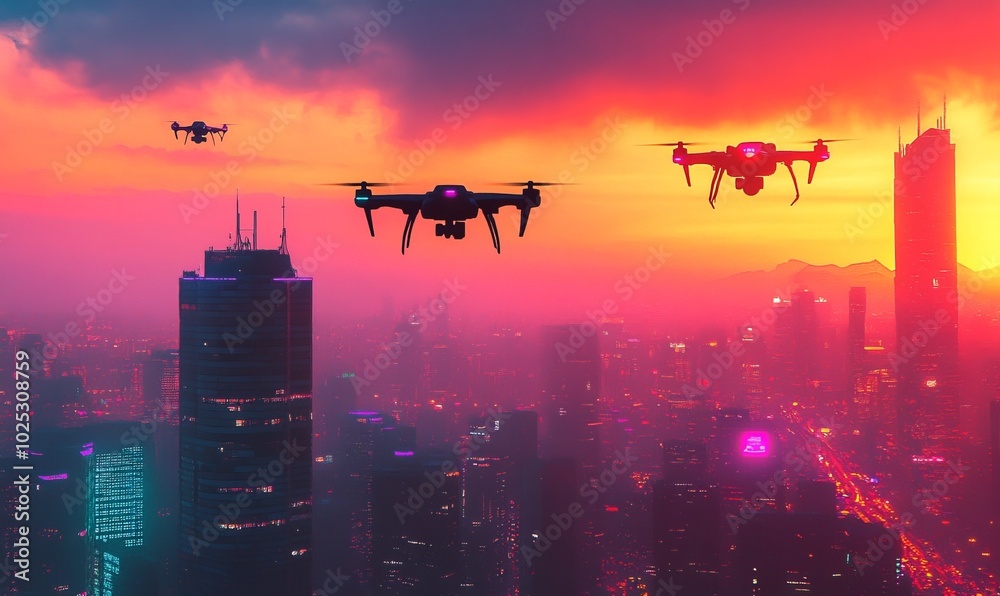 Drones flying over a hyper-modern urban skyline at sunset with vibrant lights and skyscrapers Drones flying over a hyper-modern urban skyline at sunset with vibrant lights and skyscrapers