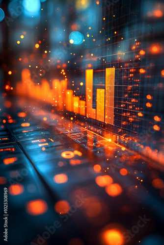 A computer keyboard with a blue background and orange bars
