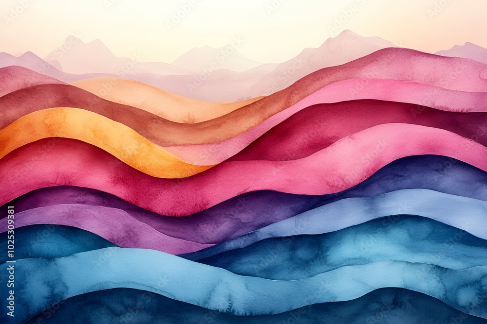 A painting of mountains with a blue and purple line in the middle A painting of mountains with a blue and purple line in the middle