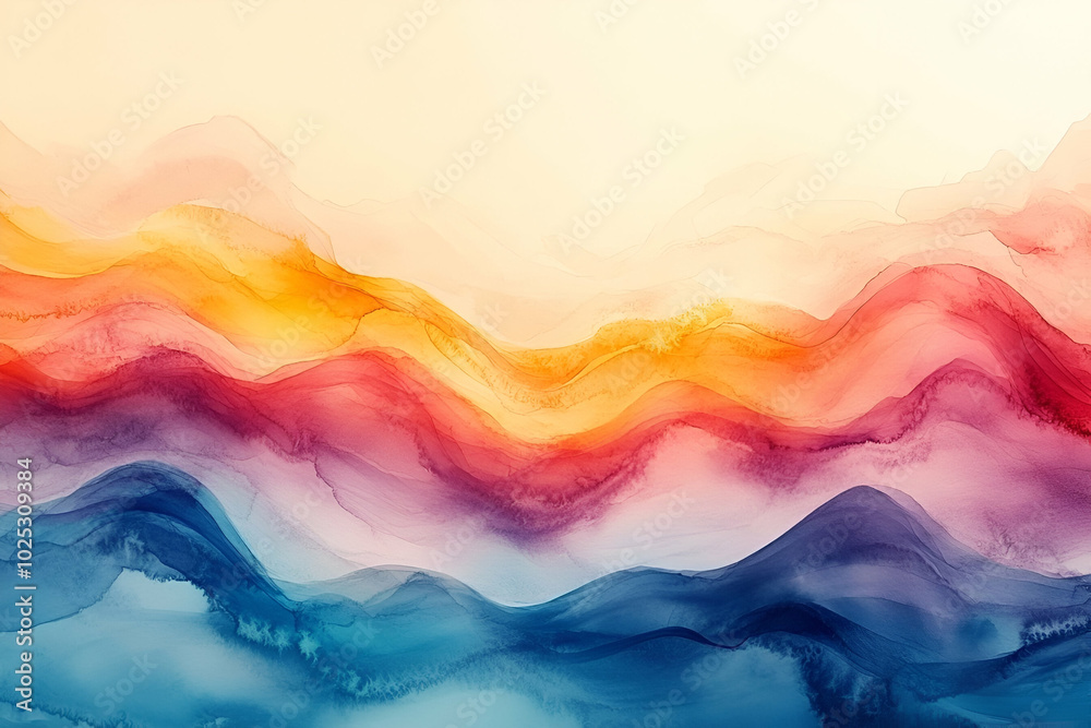 A colorful painting of a mountain range with a blue and yellow stripe A colorful painting of a mountain range with a blue and yellow stripe