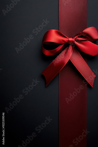 A stylish vertical red ribbon tied neatly into a bow against a dark backdrop. Perfect for themes of elegance, celebration, and gift wrapping
