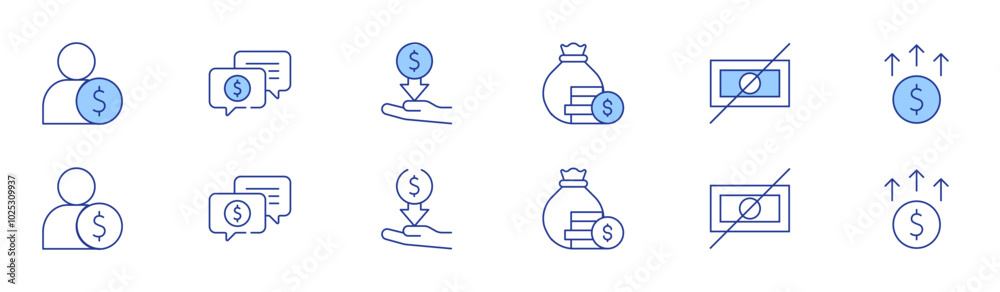 Money icon set in two styles, Duotone and Thin Line style. Editable stroke. expense, monitor, no, increase, employee, support