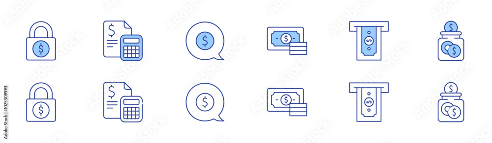Money icon set in two styles, Duotone and Thin Line style. Editable stroke. money, savings, lock, money talk, taking cash, calculator Money icon set in two styles, Duotone and Thin Line style. Editable stroke. money, savings, lock, money talk, taking cash, calculator