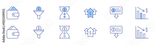 Money icon set in two styles, Duotone and Thin Line style. Editable stroke. income, extract, money, time is money, sales funnel, money loss