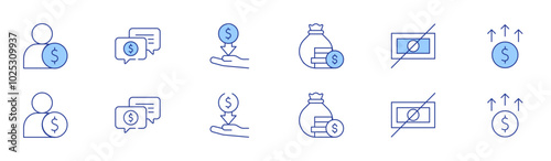 Money icon set in two styles, Duotone and Thin Line style. Editable stroke. expense, monitor, no, increase, employee, support