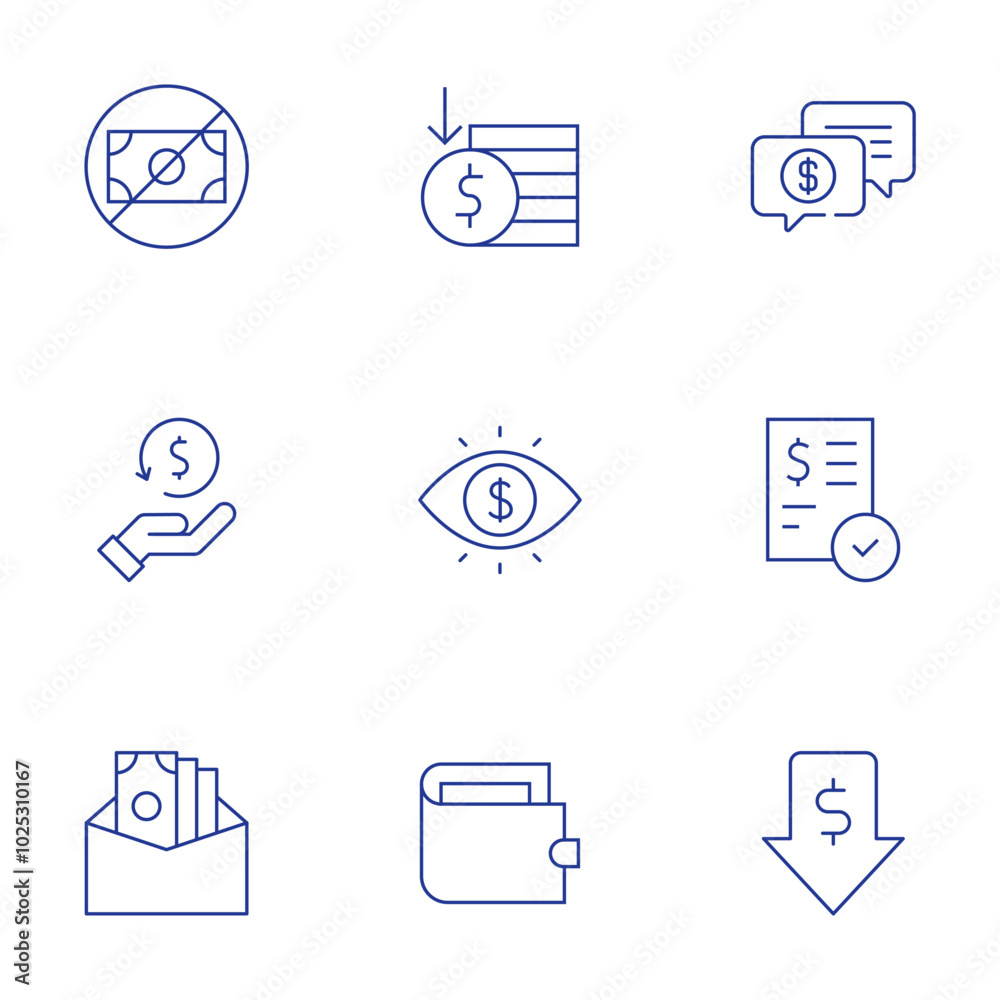 Money icons set. Thin Line style, editable stroke. no money, support, cashback, bank check, bribe, low price, money, eye, wallet Money icons set. Thin Line style, editable stroke. no money, support, cashback, bank check, bribe, low price, money, eye, wallet