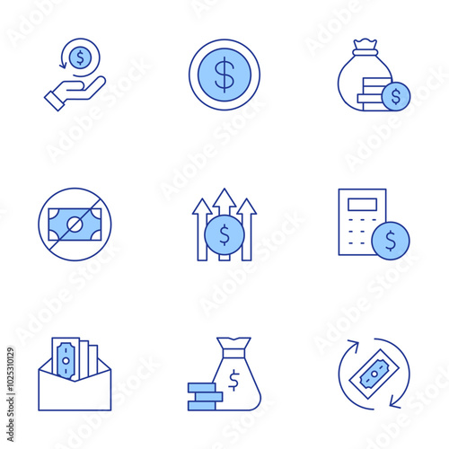 Money icons set. Line Duotone style, editable stroke. profit, money, money bag, no money, cashback, bribe, calculator, monitor