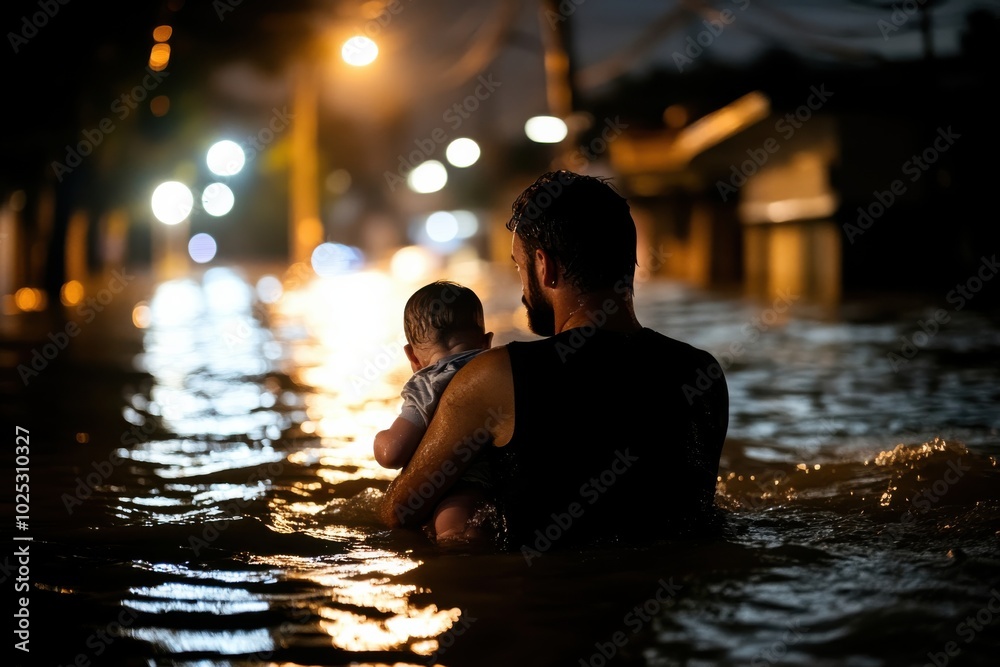 A father wades through deep floodwaters under streetlights, holding his child close, illustrating themes of family, protection, and resilience during night floods. A father wades through deep floodwaters under streetlights, holding his child close, illustrating themes of family, protection, and resilience during night floods.