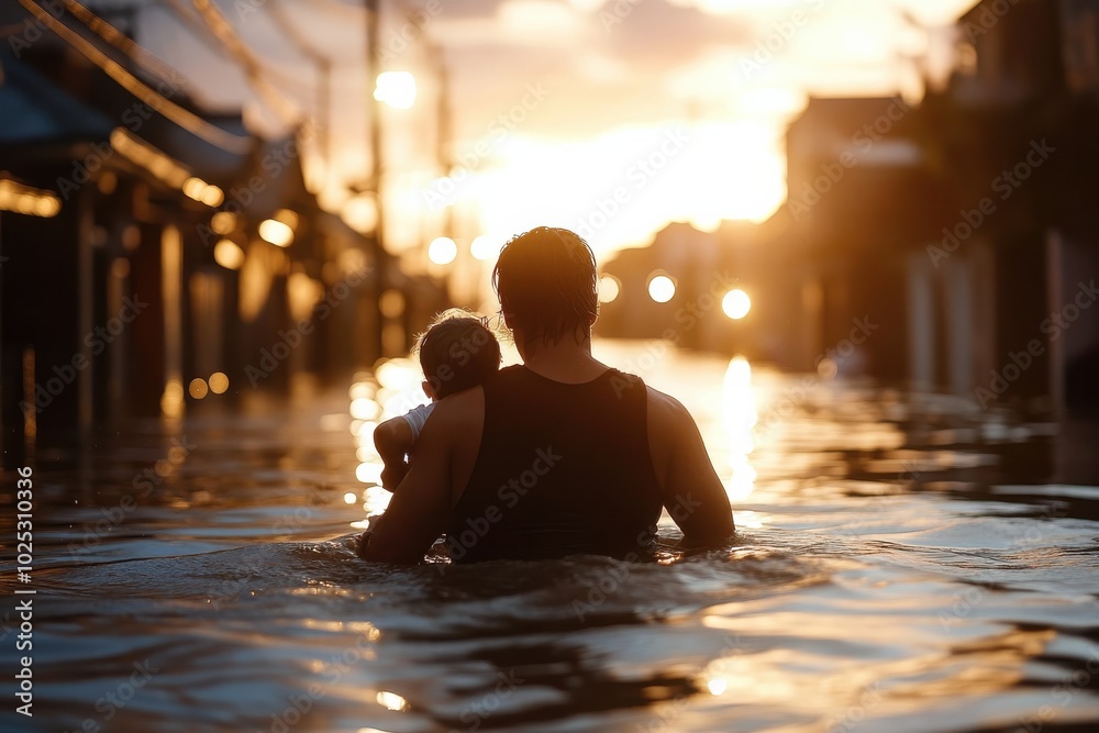 A silhouette of a man carrying a baby in sunset floodwaters represents hope, protection, and the essence of fatherhood in the face of natural disasters. A silhouette of a man carrying a baby in sunset floodwaters represents hope, protection, and the essence of fatherhood in the face of natural disasters.