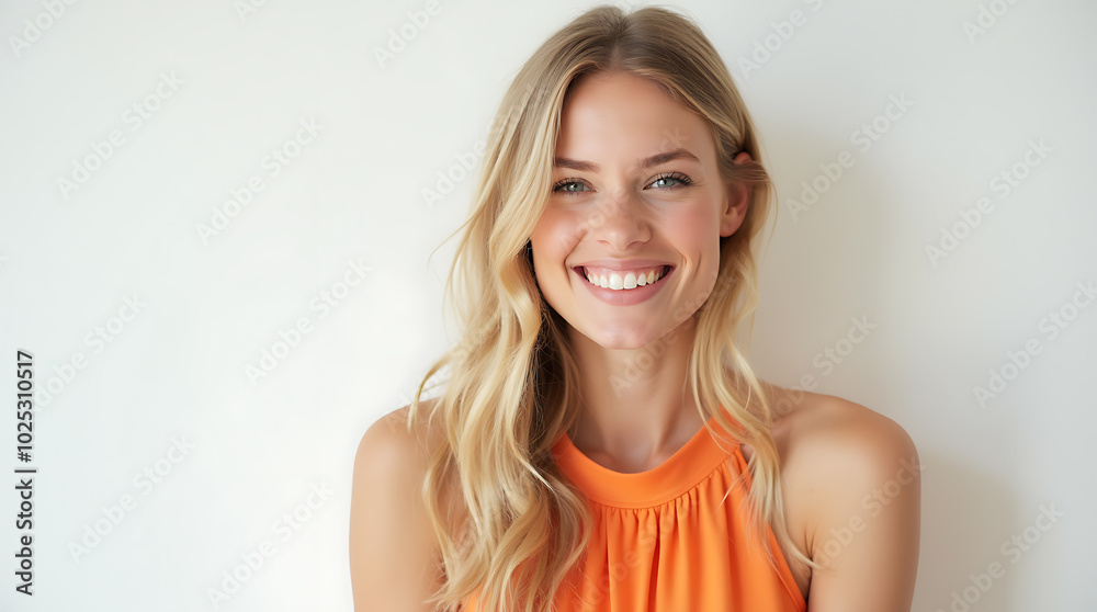 Portrait of a Smiling Woman in an Orange Dress Against a White Background, Radiating Joy and Positivity Portrait of a Smiling Woman in an Orange Dress Against a White Background, Radiating Joy and Positivity