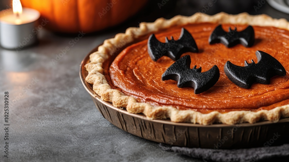 A festive pumpkin pie adorned with black bat decorations, perfect for Halloween celebrations, set against a cozy autumn backdrop. A festive pumpkin pie adorned with black bat decorations, perfect for Halloween celebrations, set against a cozy autumn backdrop.