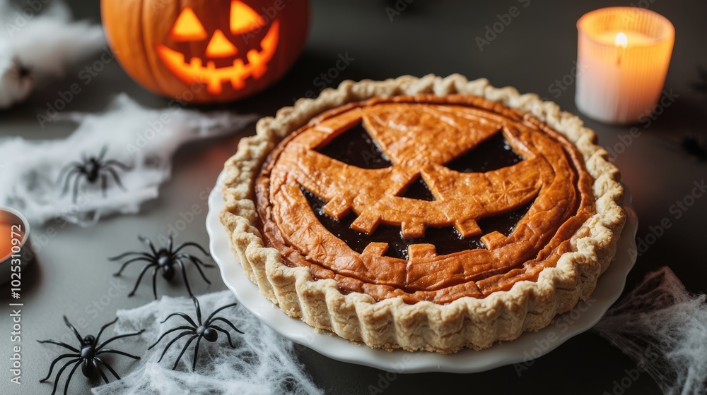 A spooky pumpkin pie with a carved face, surrounded by Halloween decorations, candles, and spider motifs, creating a festive autumn atmosphere. A spooky pumpkin pie with a carved face, surrounded by Halloween decorations, candles, and spider motifs, creating a festive autumn atmosphere.