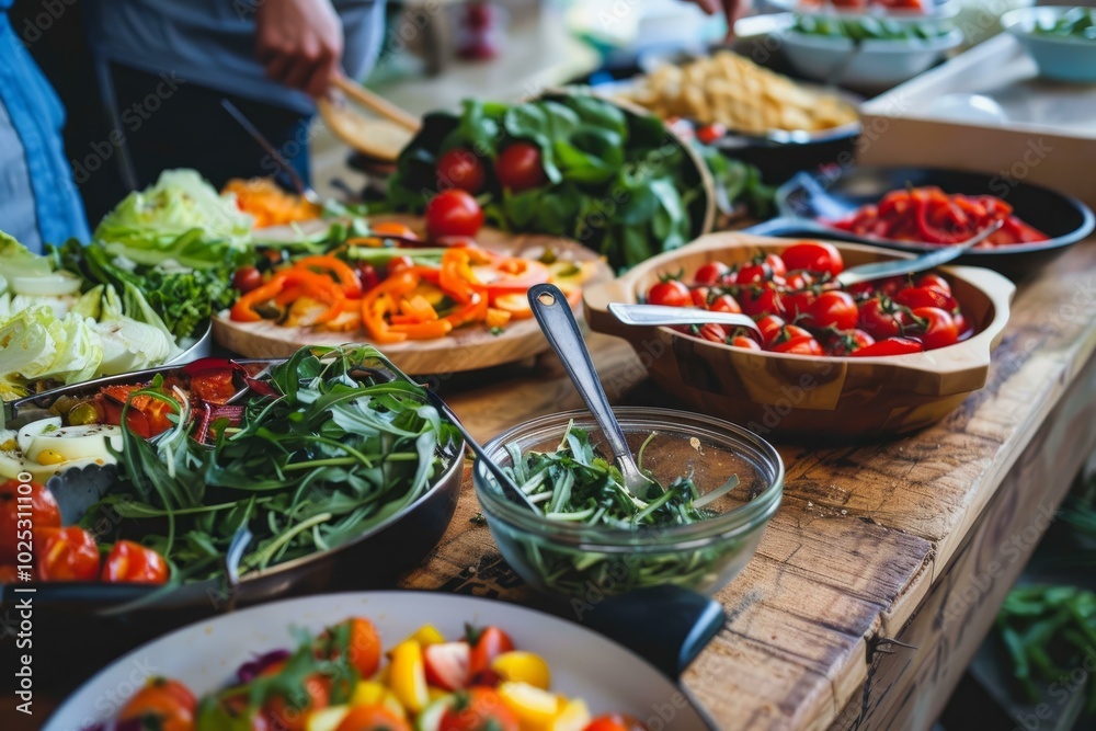 Variety of fresh organic vegetables arranged on rustic wooden table during food preparation