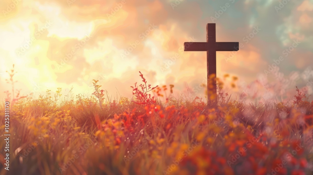 Autumn sunrise over a meadow with a cross in the foreground, evoking the calm and reverence of Ascension Day. Autumn sunrise over a meadow with a cross in the foreground, evoking the calm and reverence of Ascension Day.