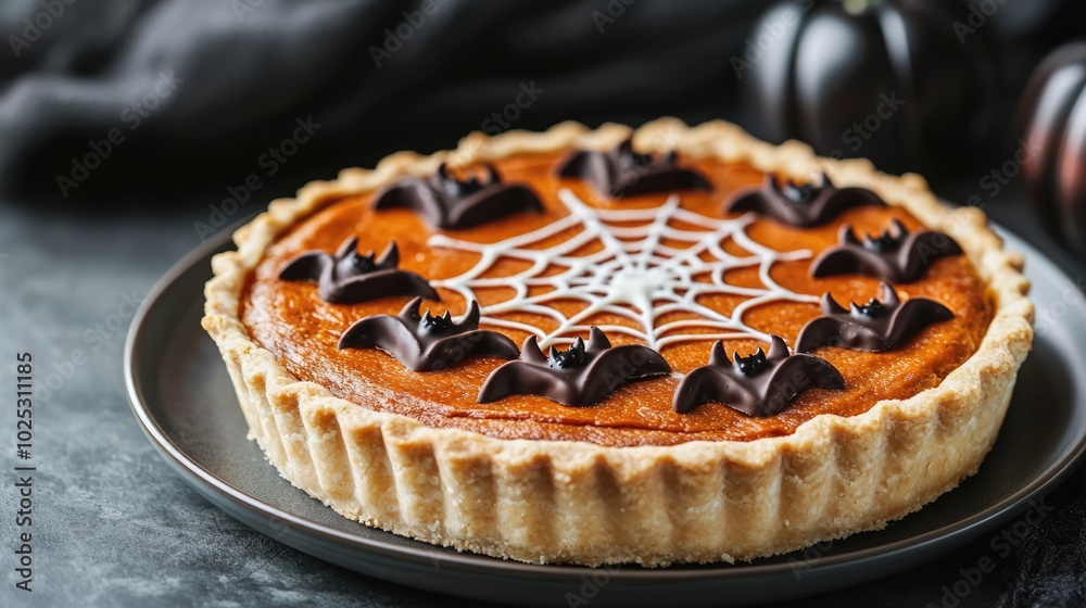 A festive pumpkin pie decorated with chocolate bats and a spider web design, perfect for Halloween celebrations. A festive pumpkin pie decorated with chocolate bats and a spider web design, perfect for Halloween celebrations.