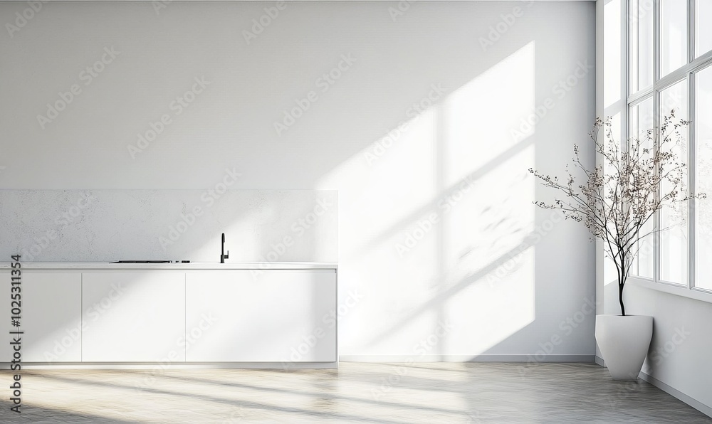 Front view on bright kitchen interior with empty white wall