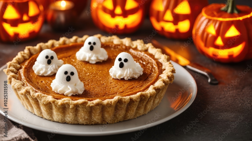 A festive Halloween pie decorated with ghost-shaped whipped cream, surrounded by glowing jack-o'-lanterns. A festive Halloween pie decorated with ghost-shaped whipped cream, surrounded by glowing jack-o'-lanterns.
