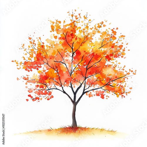 Watercolor autumn tree with orange leaves isolated on white background.