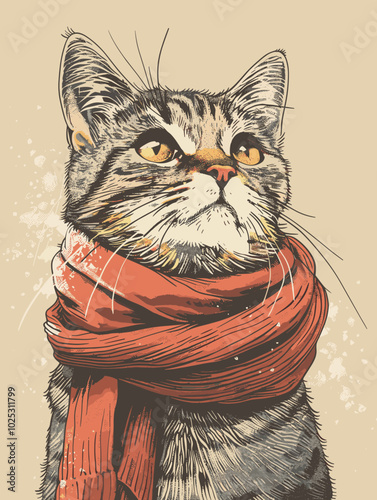 Vector illustration of a cat in a red scarf. Vintage style.