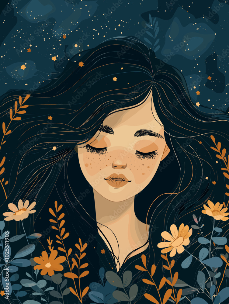 Beautiful girl with long hair and flowers in her hair. Vector illustration. Beautiful girl with long hair and flowers in her hair. Vector illustration.