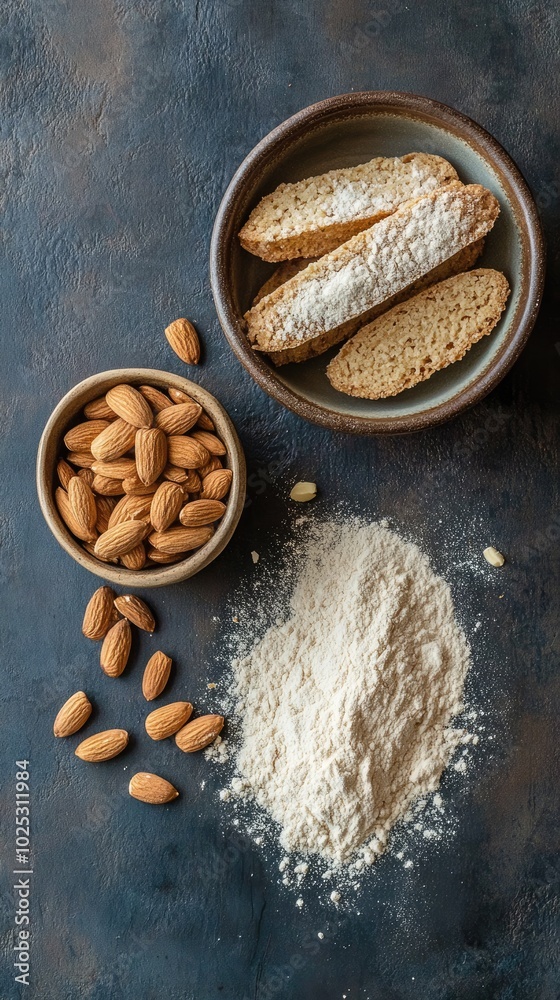 Vertical format, Almonds, almond flour, and almond cookies displayed in bowls on a rustic wooden surface with a dark background Vertical format, Almonds, almond flour, and almond cookies displayed in bowls on a rustic wooden surface with a dark background