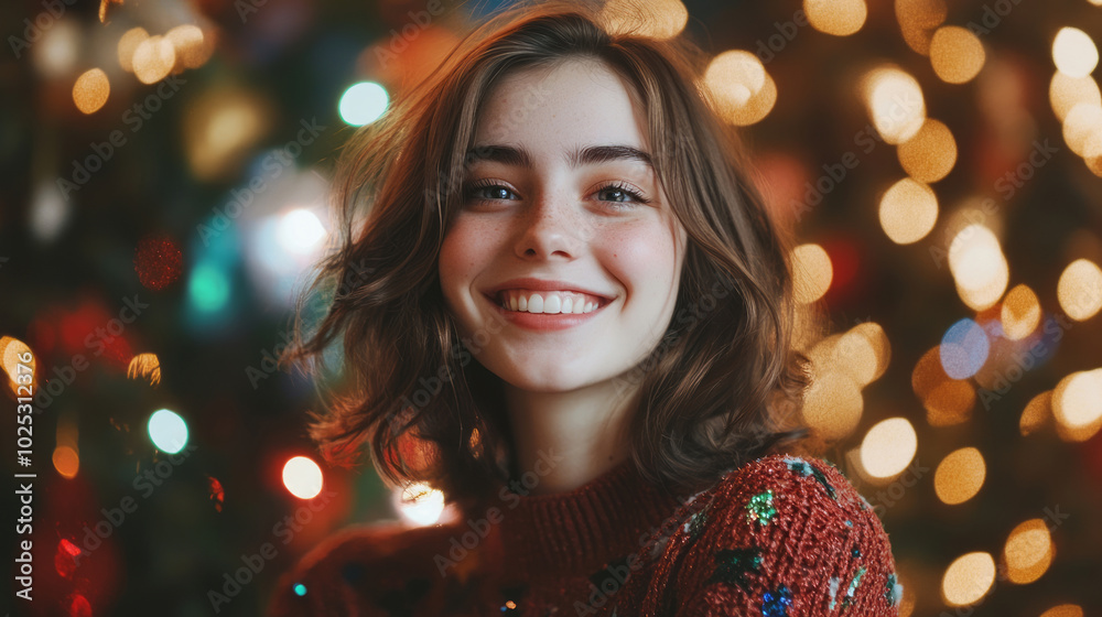 Close-up portrait of happy young beautiful woman looking at camera and smiling in Christmas style. Vintage vibes. Close-up portrait of happy young beautiful woman looking at camera and smiling in Christmas style. Vintage vibes.