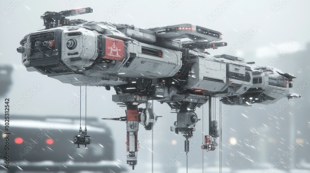 Futuristic Spaceship Hovering in Snowy Weather Futuristic Spaceship Hovering in Snowy Weather