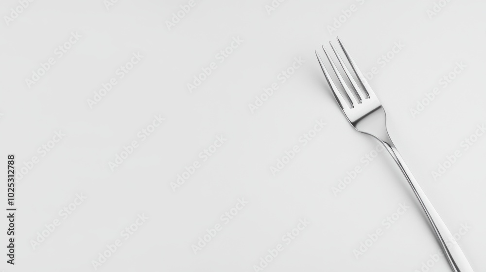 Single silver fork lying diagonally on a white surface, minimalistic dining utensil. Single silver fork lying diagonally on a white surface, minimalistic dining utensil.