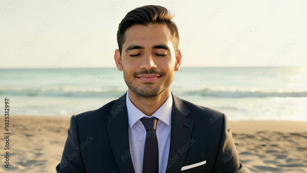 A confident businessman in a suit standing by the sea during sunset, smiling at the camera. The scene evokes professionalism and relaxation in a natural, outdoor setting. A confident businessman in a suit standing by the sea during sunset, smiling at the camera. The scene evokes professionalism and relaxation in a natural, outdoor setting.
