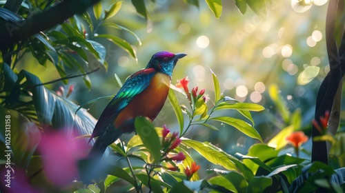 Exotic rare bird perched in lush jungle photo