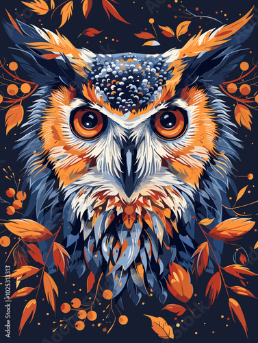 Owl with autumn leaves on a dark background. Vector illustration.