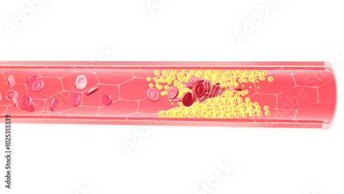 Anatomical 3D illustration of the interior of an incompetent artery. Due to obstruction of fat that has been accumulating. Movement of red blood cells and platelets in interrupted blood circulation.