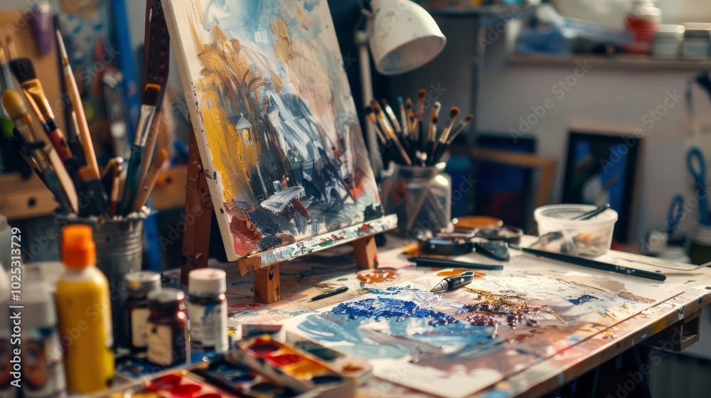 High-definition capture of a creative workshop, artists at work, supplies visible, High-definition capture of a creative workshop, artists at work, supplies visible,