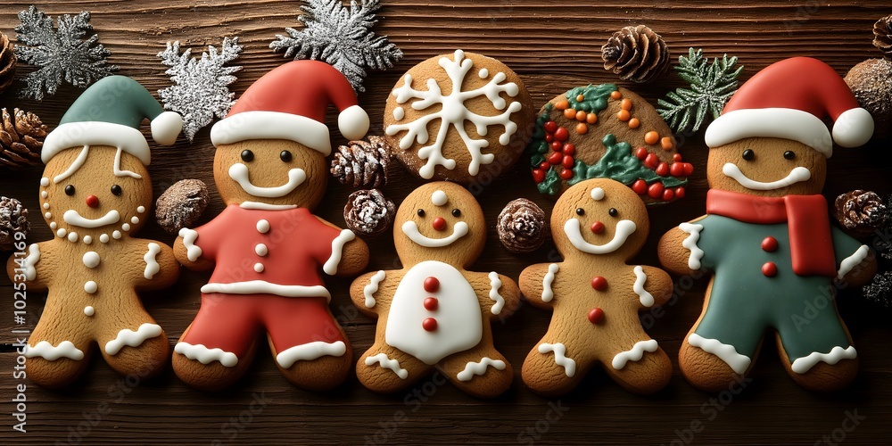 Close-up of gingerbread cookies shaped like Santa, decorated with sugar icing, captures the festive spirit of Christmas and holiday baking, dessert food print for Xmas and National Gingerbread day Close-up of gingerbread cookies shaped like Santa, decorated with sugar icing, captures the festive spirit of Christmas and holiday baking, dessert food print for Xmas and National Gingerbread day