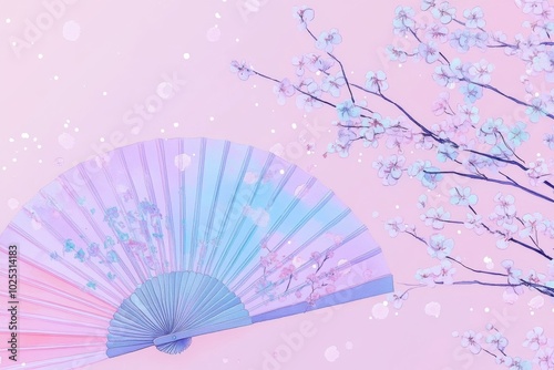 Whispers of Spring with Cherry Blossom Delicate Fan. Watercolor Illustration in Pastel Colours photo