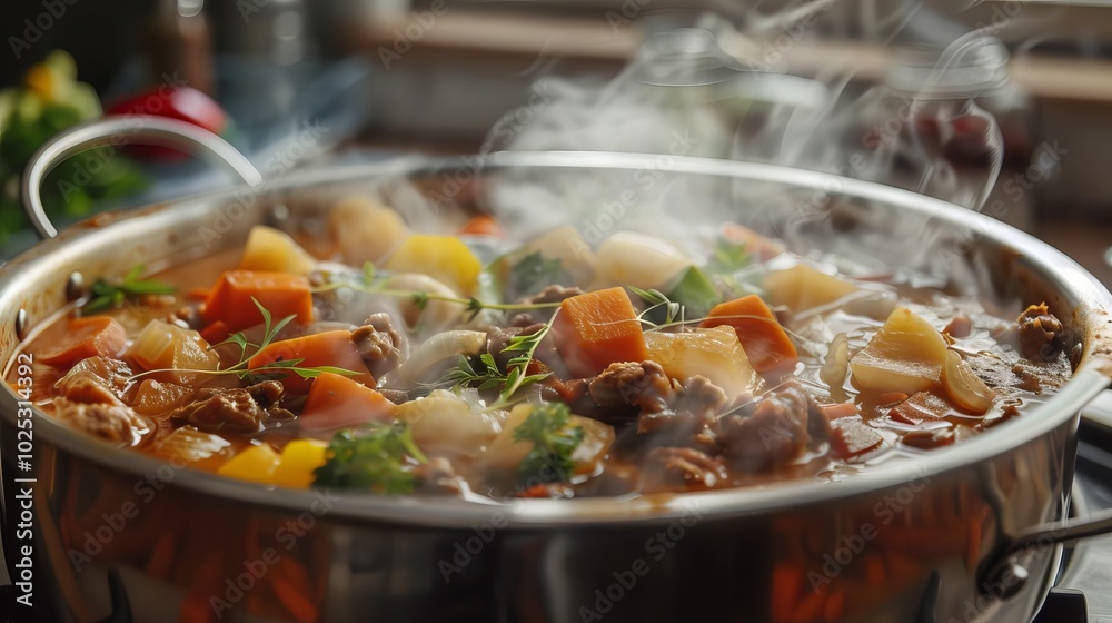 High-resolution capture of a steaming pot of stew, ingredients perfectly placed, High-resolution capture of a steaming pot of stew, ingredients perfectly placed,