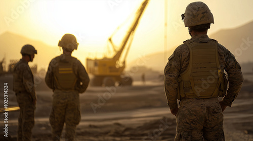 Army personnel inspecting eco-friendly military base construction projects photo