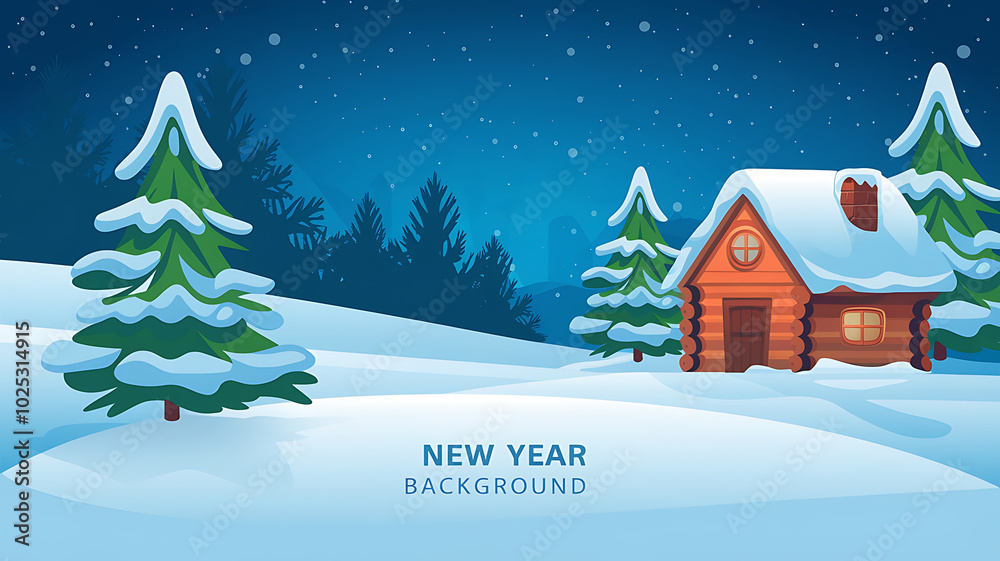 Fototapeta premium Snowy cabin and trees, blue and brown, winter wonderland, New Year's Eve celebration. 