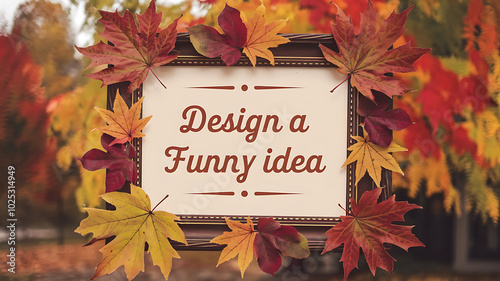 Autumn leaves frame a sign with the words "Design a Funny Idea" in a vintage style. 