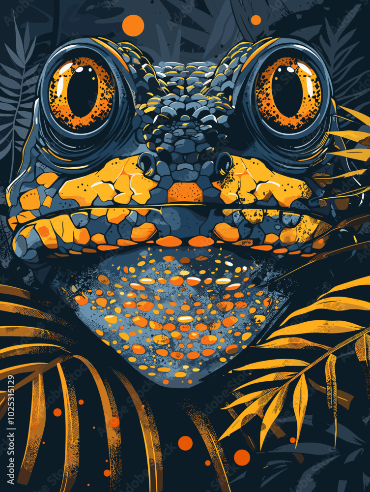 Vector illustration of an exotic frog in the jungle. Hand-drawn style.