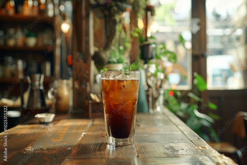 Refreshing glass of iced coffee sits on a rustic wooden bar top, garnished with a sprig of mint Refreshing glass of iced coffee sits on a rustic wooden bar top, garnished with a sprig of mint